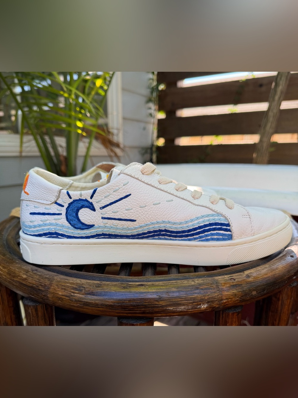 Soludos Sunrise Sunset Embroidered Sun, Moon, Waves White Leather Sneakers!